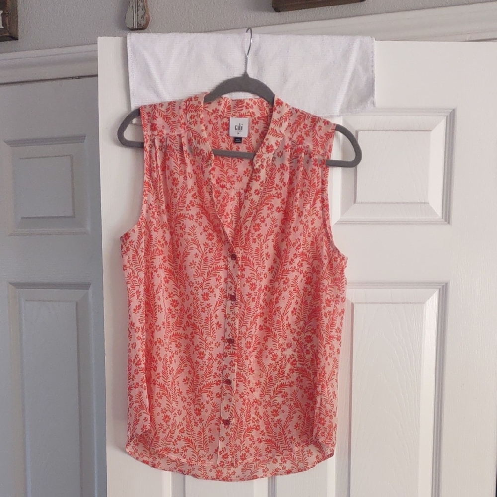 cabi # 5914 Poppy Top Sheer Blouse Orange Cream Sleeveless Size Med. EUC